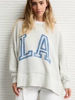 American Eagle Big Hug Waffle  LA Pullover Sweatshirt - Light Gray & Blue